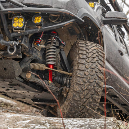 Bugout_Overland tackling some difficult trails in his Ride Shocks equipped Toyota Tacoma. This Tacoma has a ton of heavy weight upgrades that has this truck weighing 6,200 pounds. Although very heavy, Ride Shocks are tuned to perfection with 700lb coil springs.