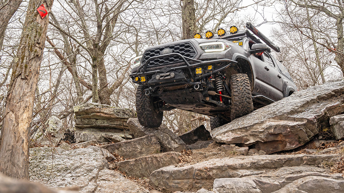 Collin Riley navigating some extreme trails in North Carolina in his Ride Shocks equipped Tacoma.