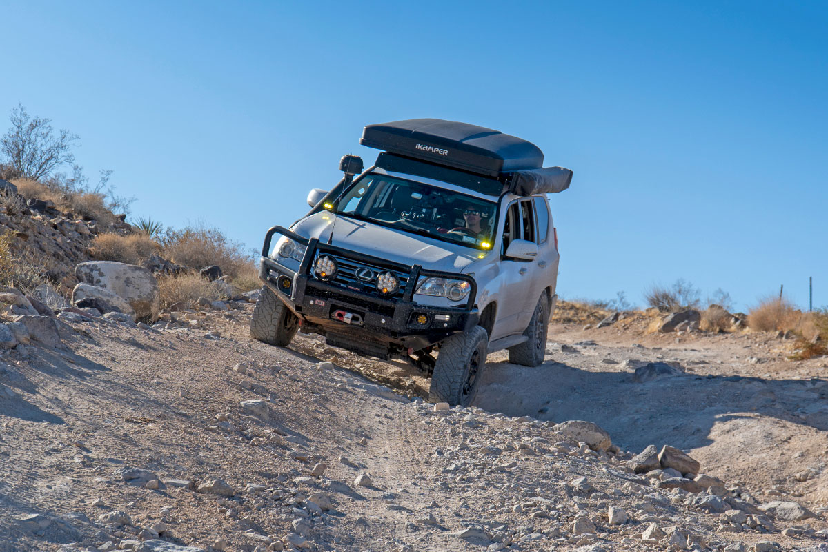 Lexus GX460 testing out Ride Shocks on steep decline off-road