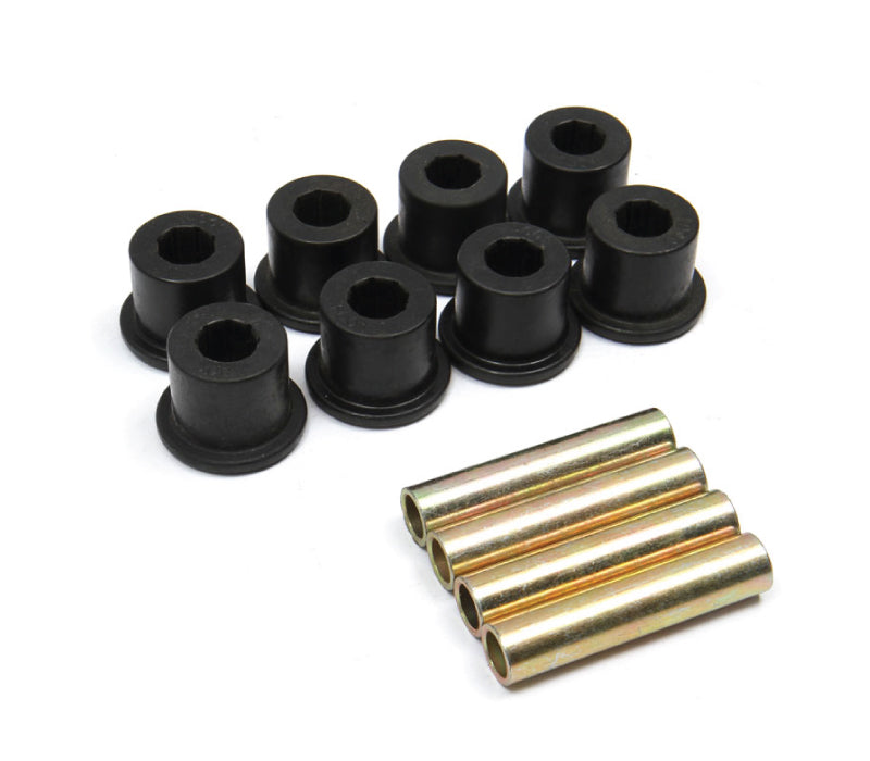 Leaf spring bushing kit from Deaver, designed to fir their J66 and N98 leaf springs. Bushings are sold separate and required for installation. This leaf spring bushing kit is complete with bushings and sleeves to fit a pair of leaf springs.