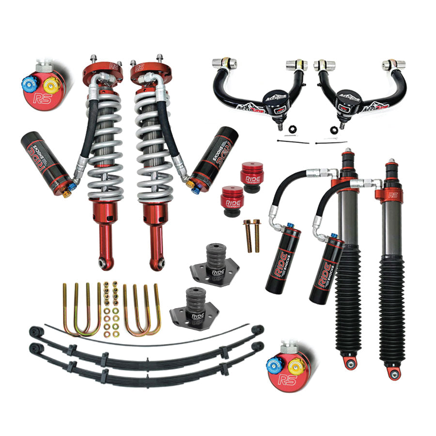 Tacoma suspension kit from Ride Shocks. Complete Toyota Tacoma suspension upgrade with front and rear shocks, rear leaf springs, u-bolt flip and bump stop kit. The ultimate Tacoma suspension package from Ride Shocks.