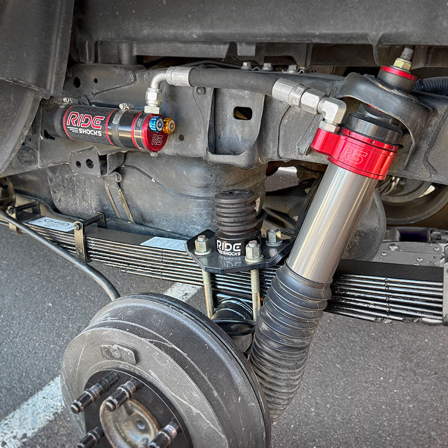 Toyota Tacoma rear suspension with Ride 2.5 Shocks, AccuTune Offroad bump stop kit and upgraded leaf springs.