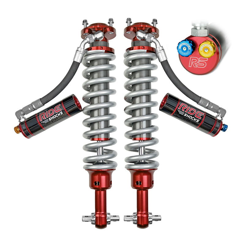 Bronco front coilovers from Ride Shocks come standard with high and low speed compression adjusters. Depending on total weight of your Bronco, Ride Shocks has a few weight range specific options to choose from that come with different spring rates and valving.