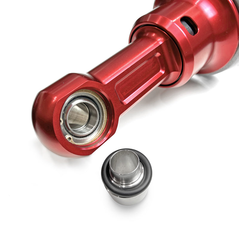 Ford Bronco coilovers from Ride Shocks. Red billet aluminum design is built for heavy duty off-road use