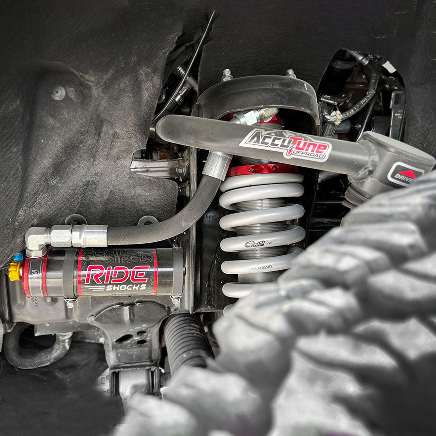 Ford Bronco Upper Control Arm from AccuTune Offroad installed with Ride Shocks. Tubular Steel upper control arm with ball joint. Installing these Bronco upper control arms is easy when following the install guide.