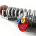 Ride Shocks coilover with dual piston adjusters. The bright red anodizing on Ride Shocks looks great along with the high and low speed compression adjuster knobs. Ride Shocks coilovers are pre-tuned for specific weight ranges.