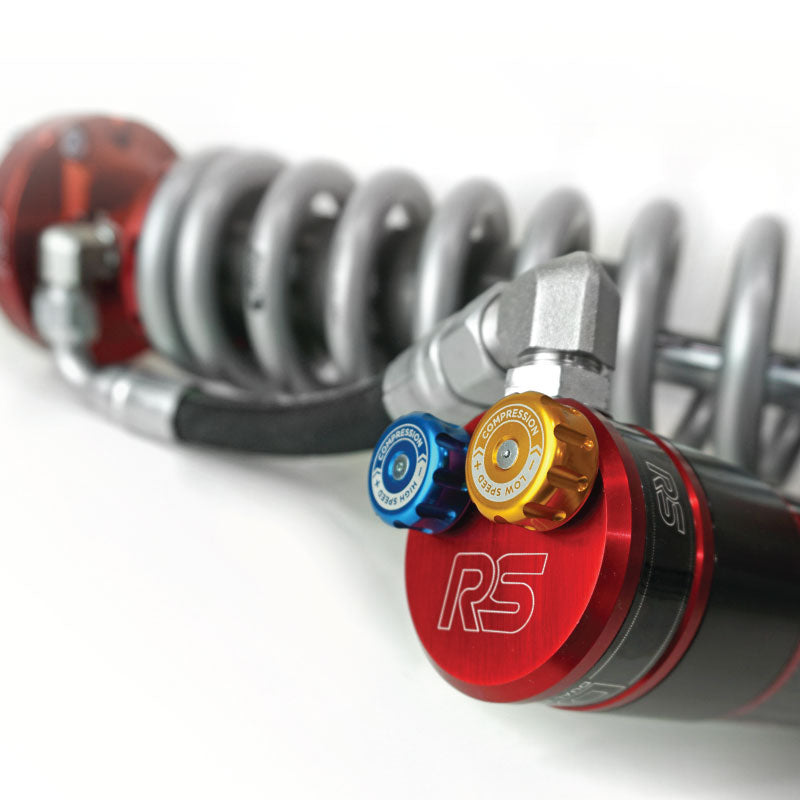 Ride Shocks coilover with dual piston adjusters. The bright red anodizing on Ride Shocks looks great along with the high and low speed compression adjuster knobs. Ride Shocks coilovers are pre-tuned for specific weight ranges.