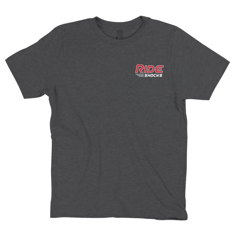 Front design of Ride Shocks gray t-shirt