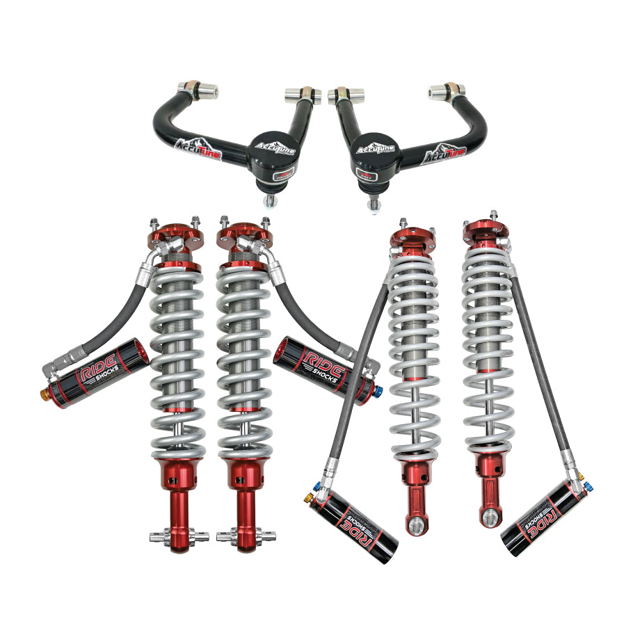 Bronco coilover kit with Ride Shocks. Bronco lift kit includes front and rear 2.5 coilovers pre-tuned for maximum ride quality. Ride Shocks Bronco Kit comes with upper control arm for precise alignment.